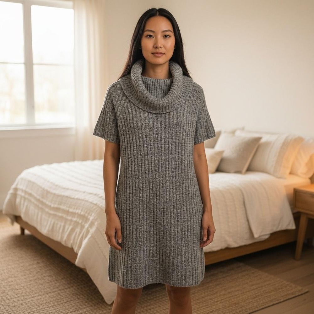 Stambecco Sweater Dress Womens Medium Gray Cowl Neck Knit Short Sleeve Ribbed